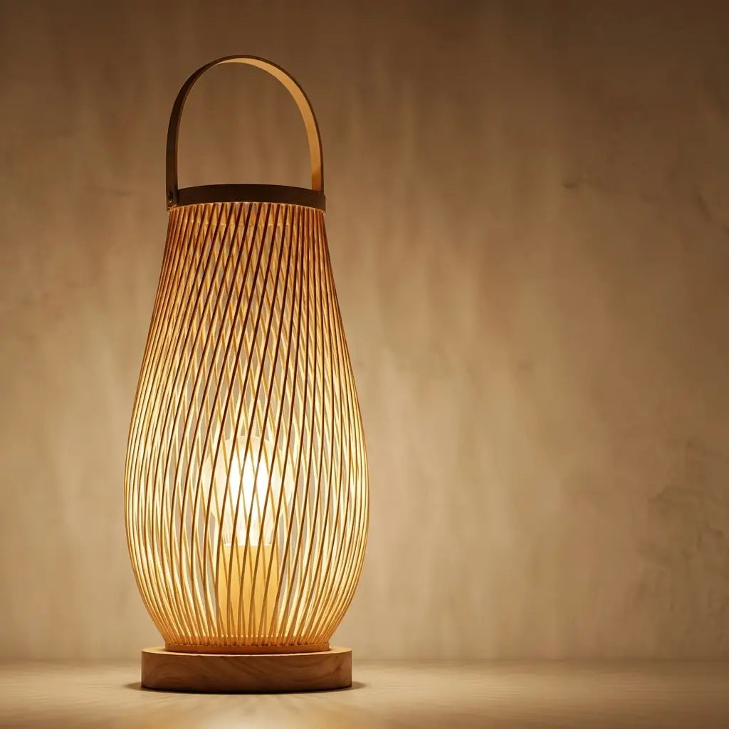 Japanese bamboo bedside table lamp — dramatic low-angle hero shot
