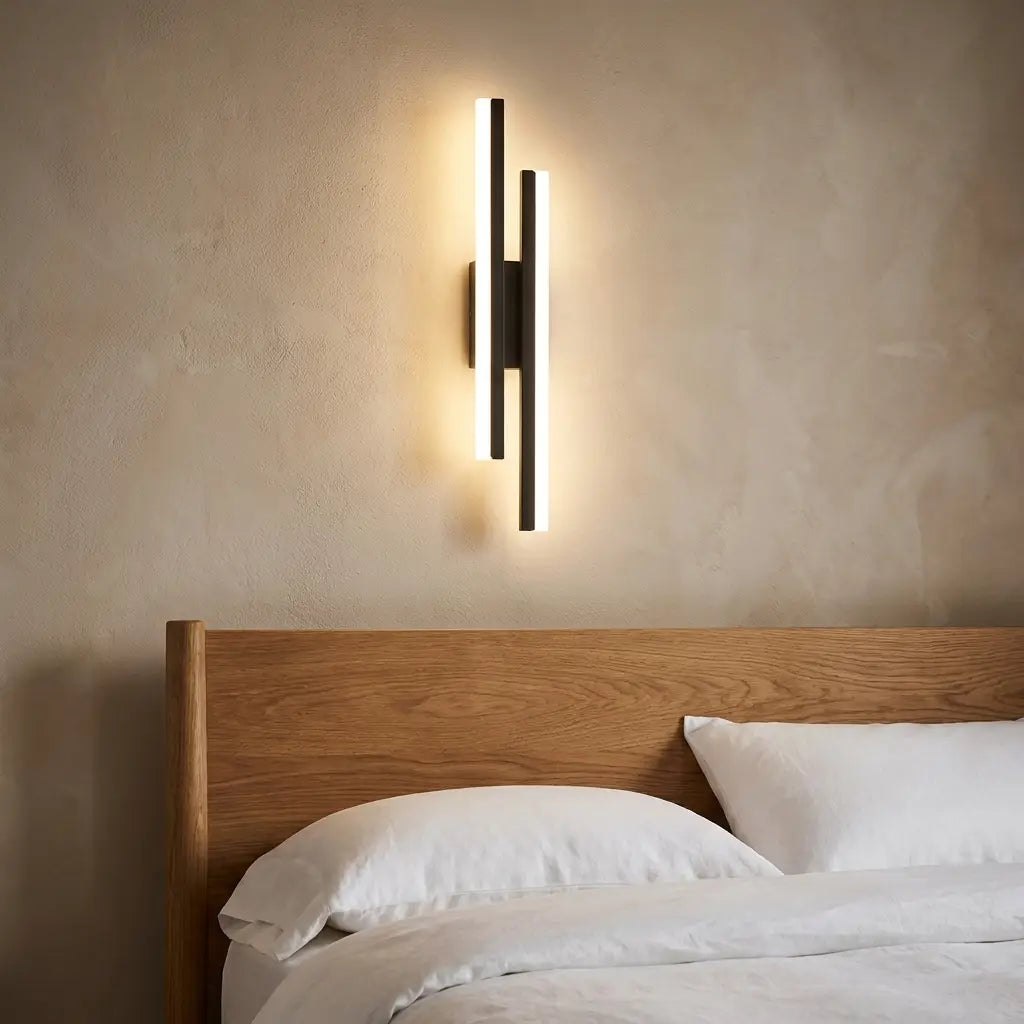 Copper-line LED wall sconce — on textured plaster wall product shot