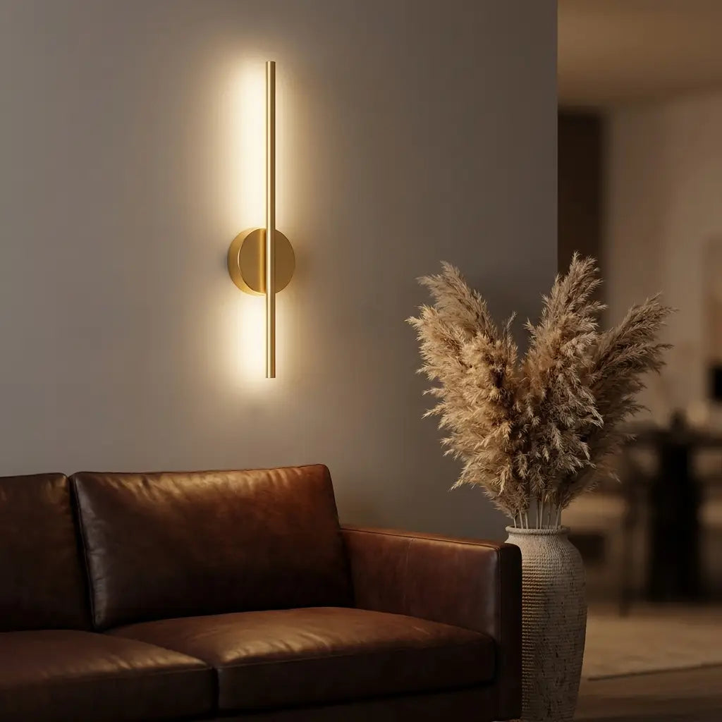 Cordless USB wall sconce — above leather sofa as living-room accent