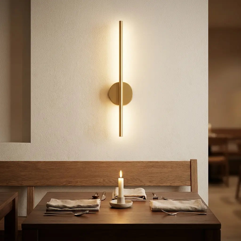 Cordless USB wall sconce — above dining bench in warm ambience