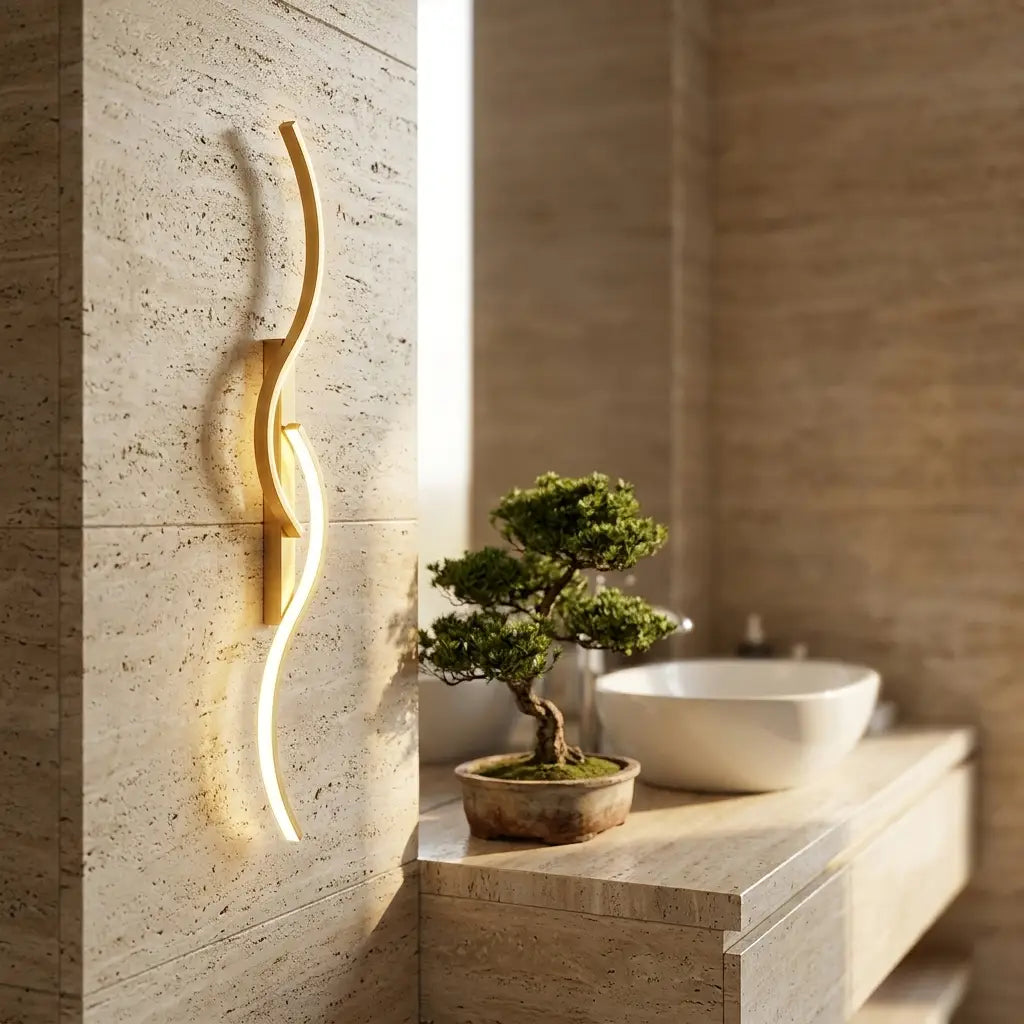 Long strip LED wall sconce — above travertine bathroom vanity