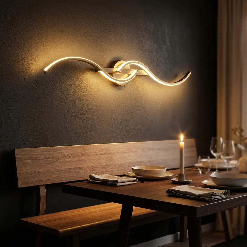 Long strip LED wall sconce — above dining bench in warm ambience