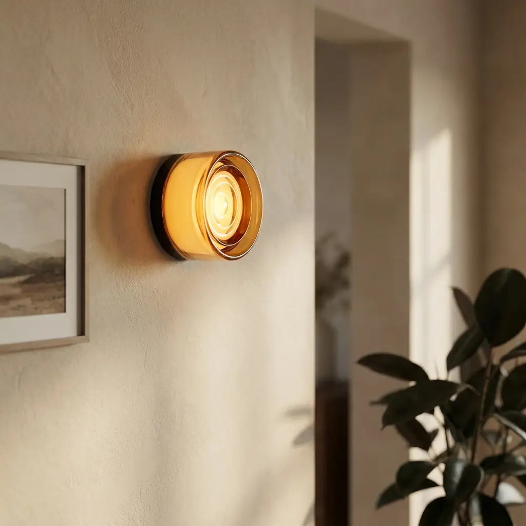Round opal glass wall sconce — in modern entryway hallway