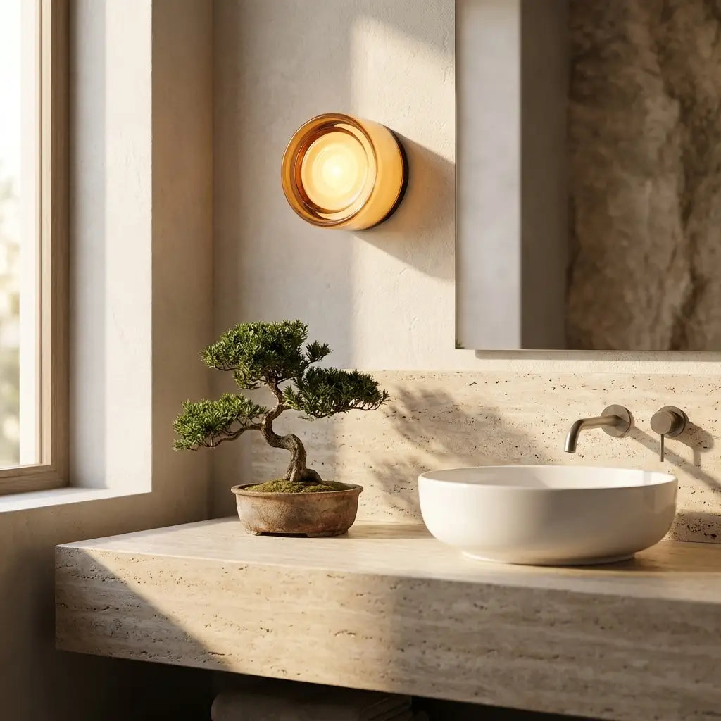 Round opal glass wall sconce — above travertine bathroom vanity