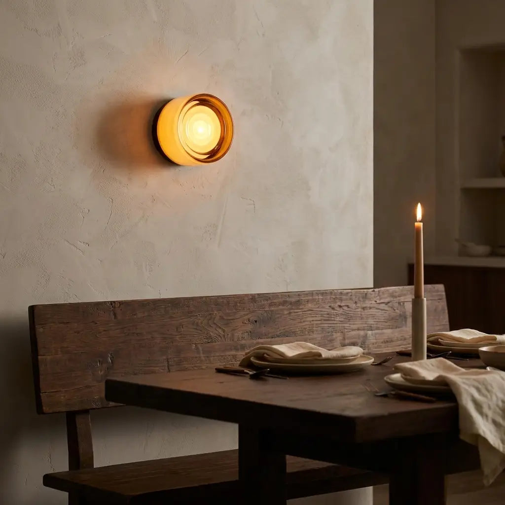 Round opal glass wall sconce — above dining bench in warm ambience