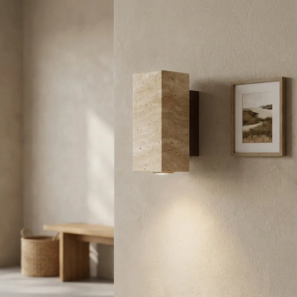 Wabi-Sabi travertine wall lamp — in modern entryway hallway