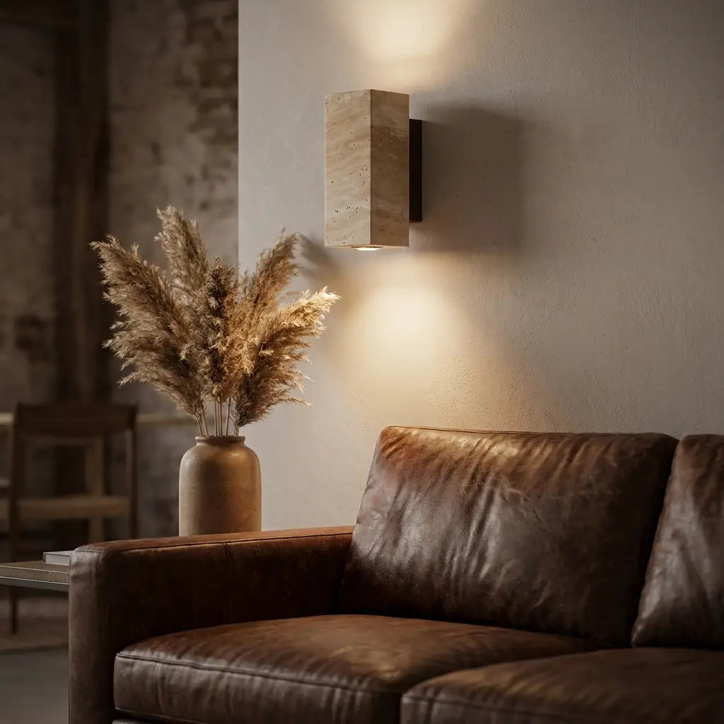 Wabi-Sabi travertine wall lamp — above leather sofa as living-room accent
