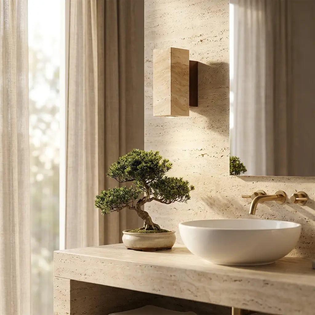 Wabi-Sabi travertine wall lamp — above travertine bathroom vanity