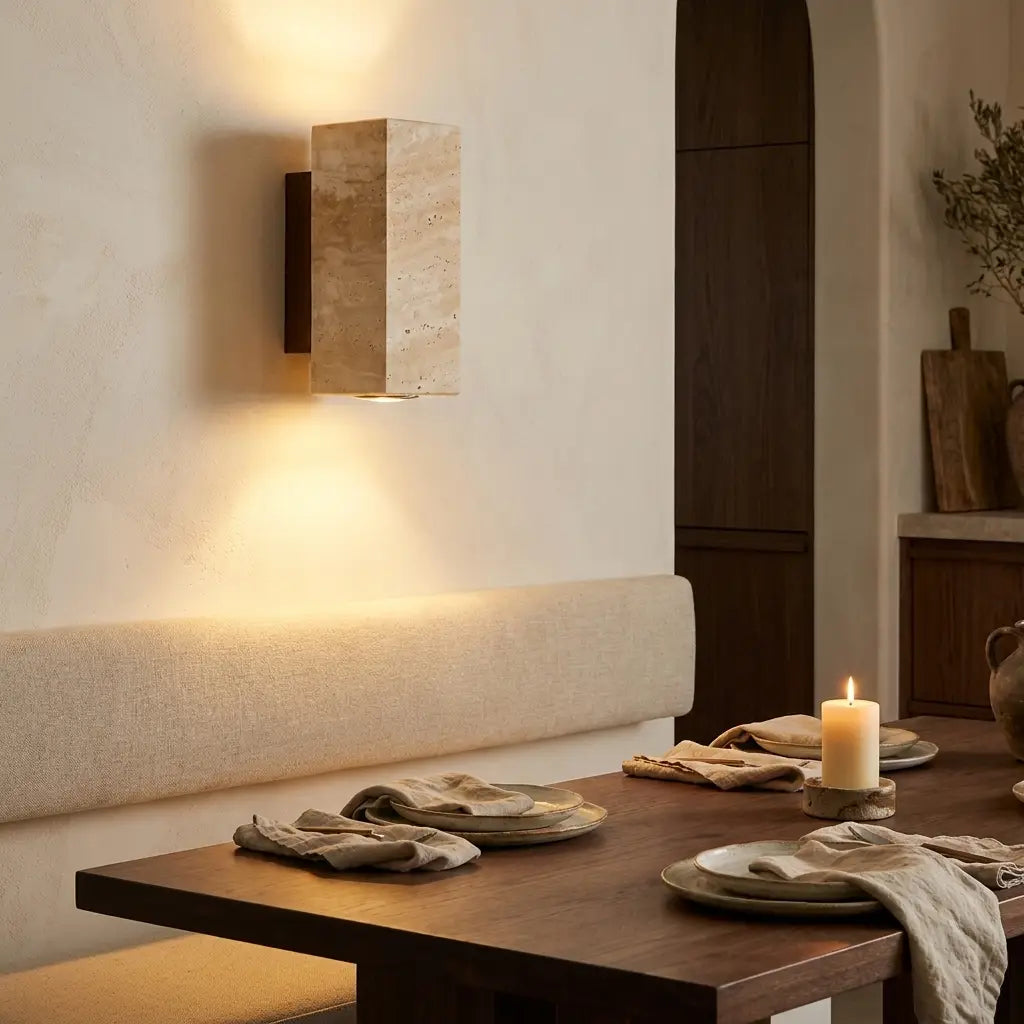 Wabi-Sabi travertine wall lamp — above dining bench in warm ambience