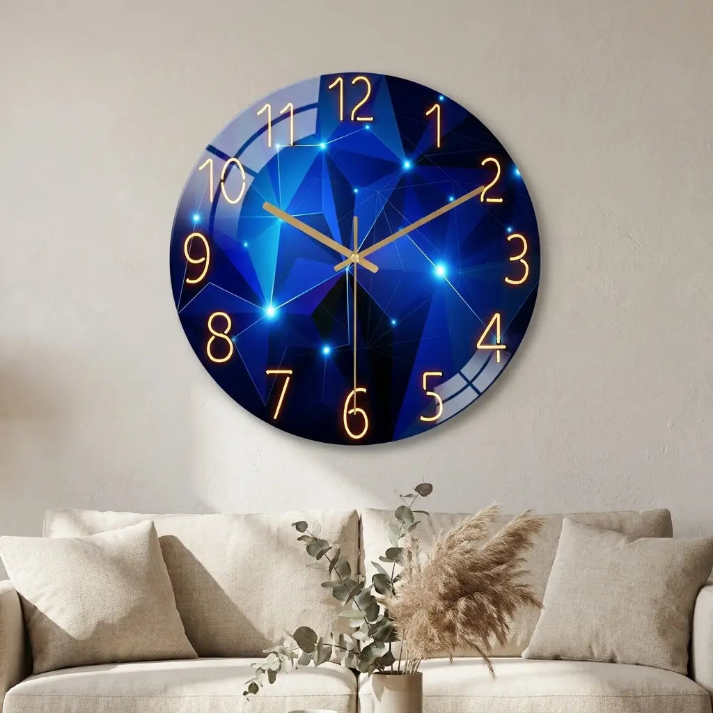 12-inch geometric glass wall clock — on plaster gallery wall above linen sofa