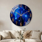 12-inch geometric glass wall clock — on plaster gallery wall above linen sofa