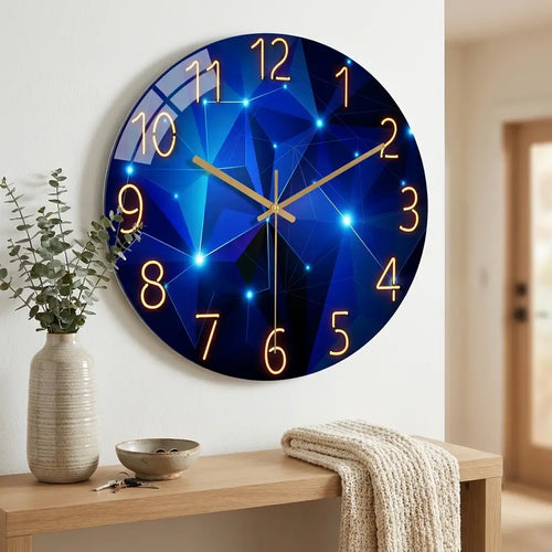 12-inch geometric glass wall clock — in modern entryway above console table
