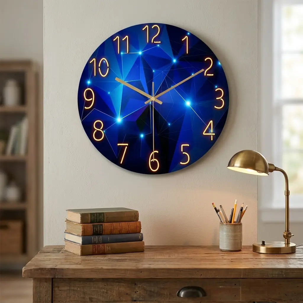 12-inch geometric glass wall clock — in calm home office above wooden desk