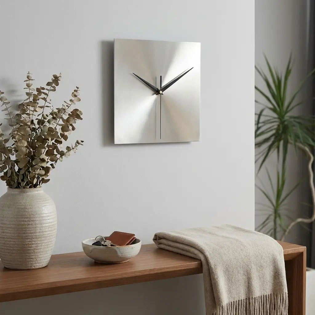 Stainless steel wall clock — in modern entryway above console table
