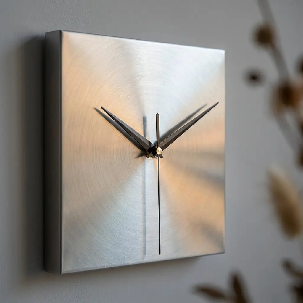Stainless steel wall clock — material and form close-up