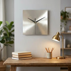 Stainless steel wall clock — in calm home office above wooden desk