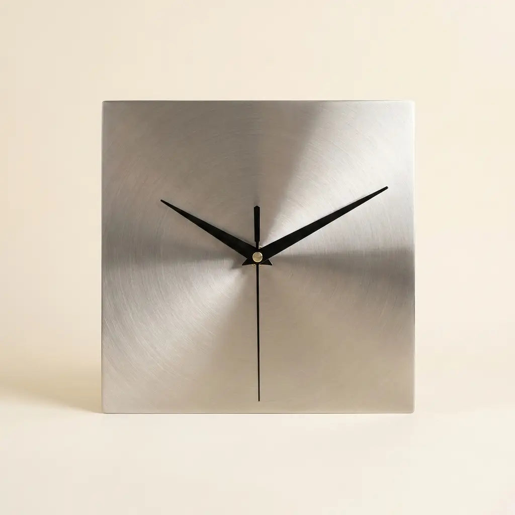 Stainless steel wall clock — on warm cream studio backdrop