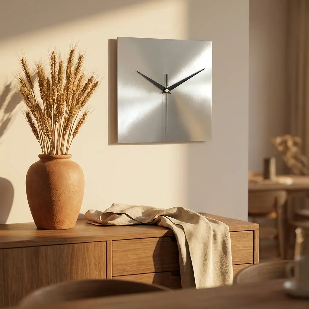 Stainless steel wall clock — above dining sideboard