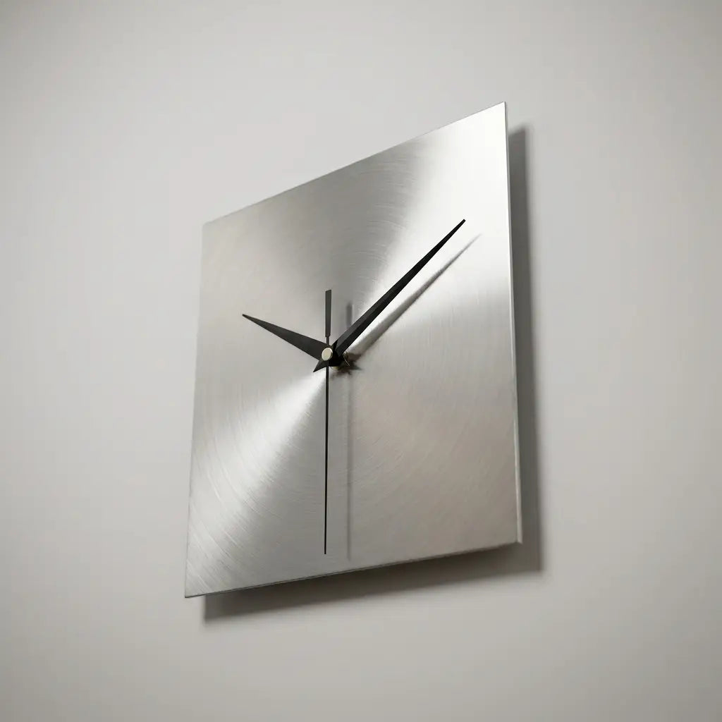 Stainless steel wall clock — dramatic low-angle hero shot