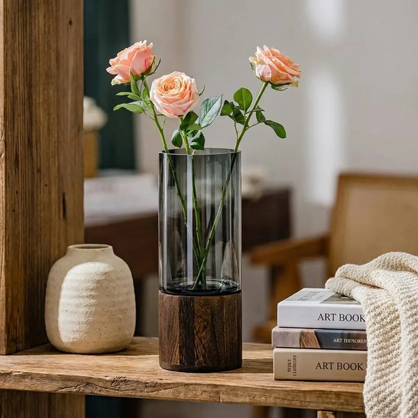 Light-Luxe Retro Glass Vase — on travertine coffee table
