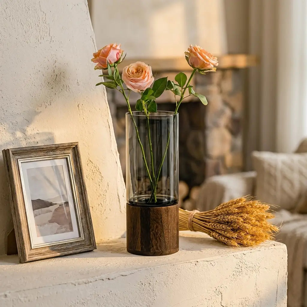 Light-Luxe Retro Glass Vase — on plaster fireplace mantel