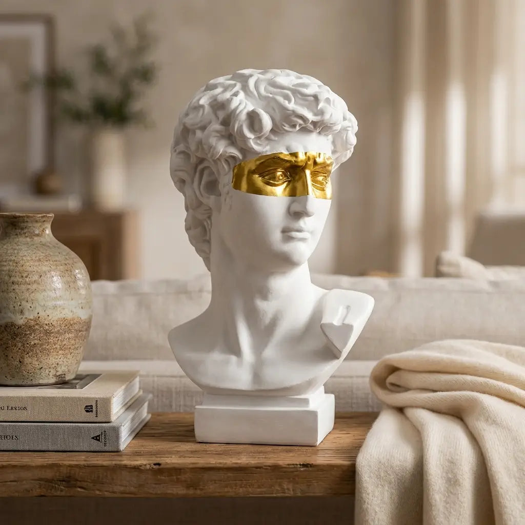 David Head Resin Bust — on travertine coffee table