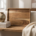 Natural acacia wood rectangular tray — styled on wooden shelf