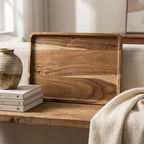 Natural acacia wood rectangular tray — styled on wooden shelf