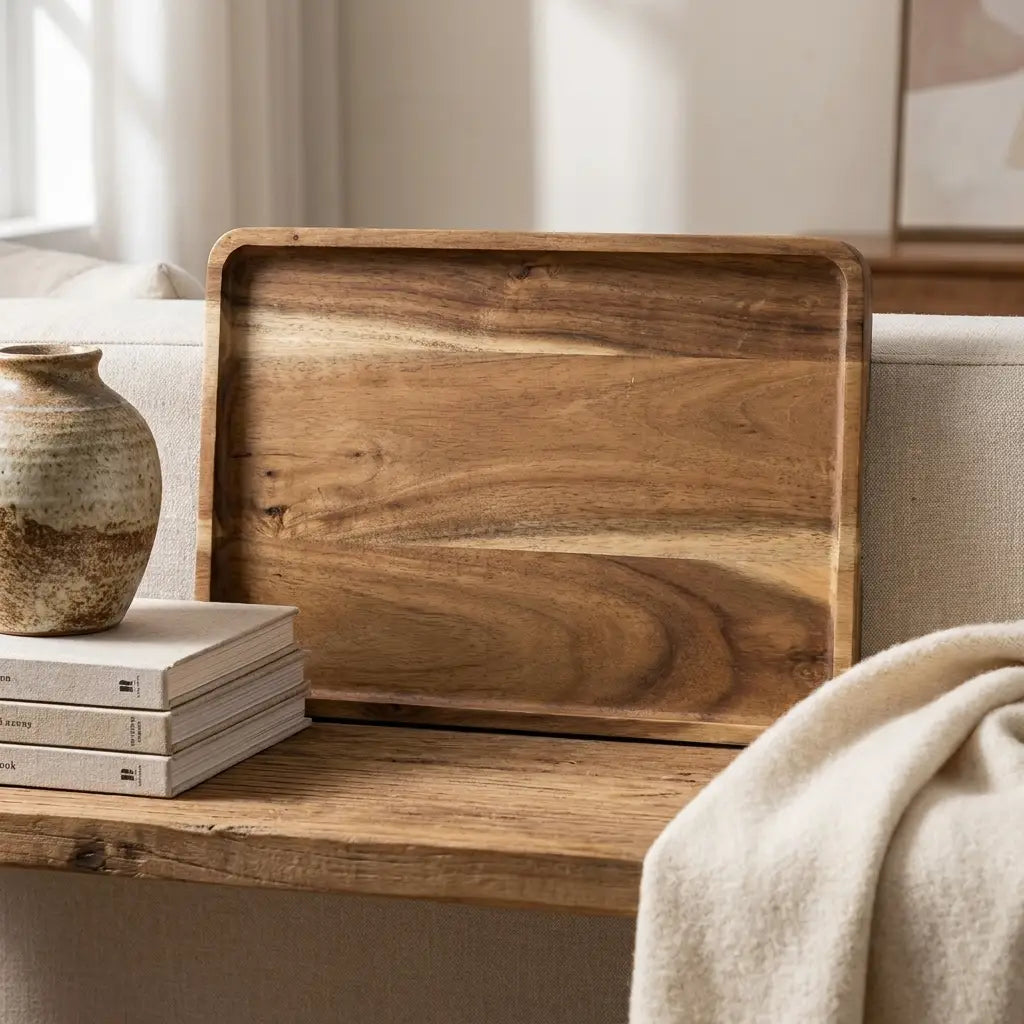 Natural acacia wood rectangular tray — styled on wooden shelf