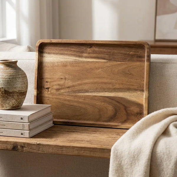 Natural acacia wood rectangular tray — styled on wooden shelf