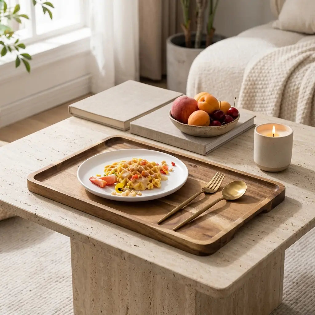 Natural acacia wood rectangular tray — on travertine coffee table