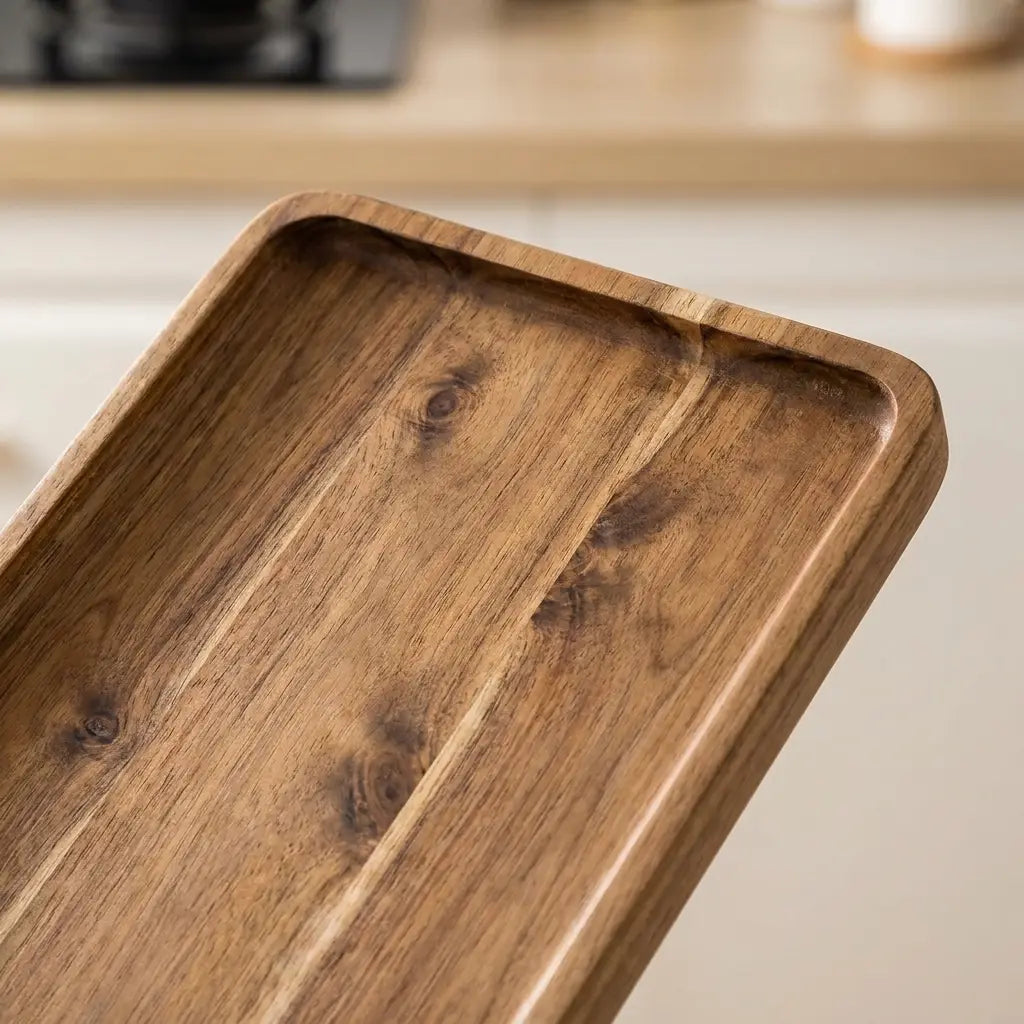 Natural acacia wood rectangular tray — material and form close-up
