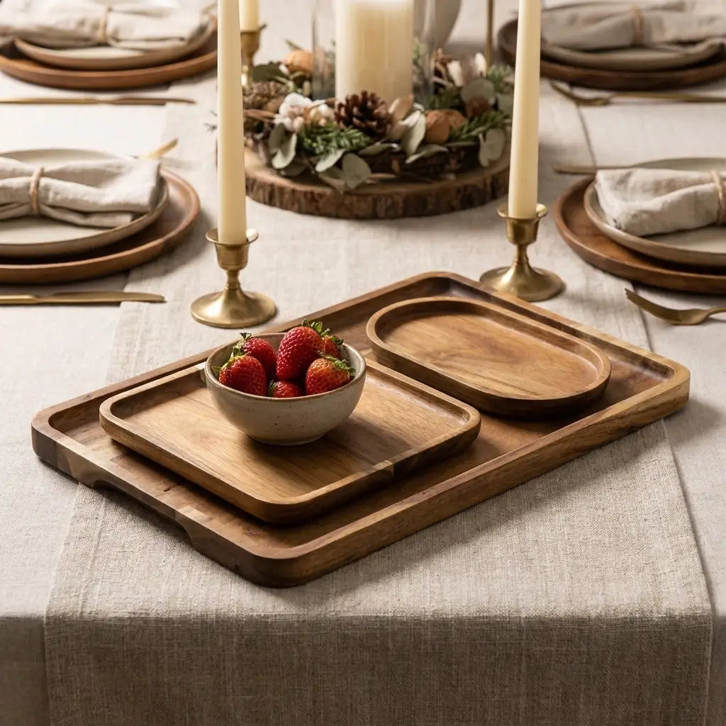 Natural acacia wood rectangular tray — as dining table centerpiece