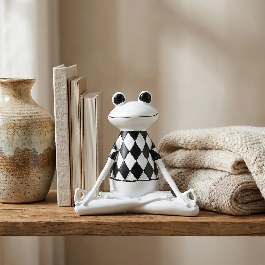 Yoga frog figurine — styled on wooden shelf