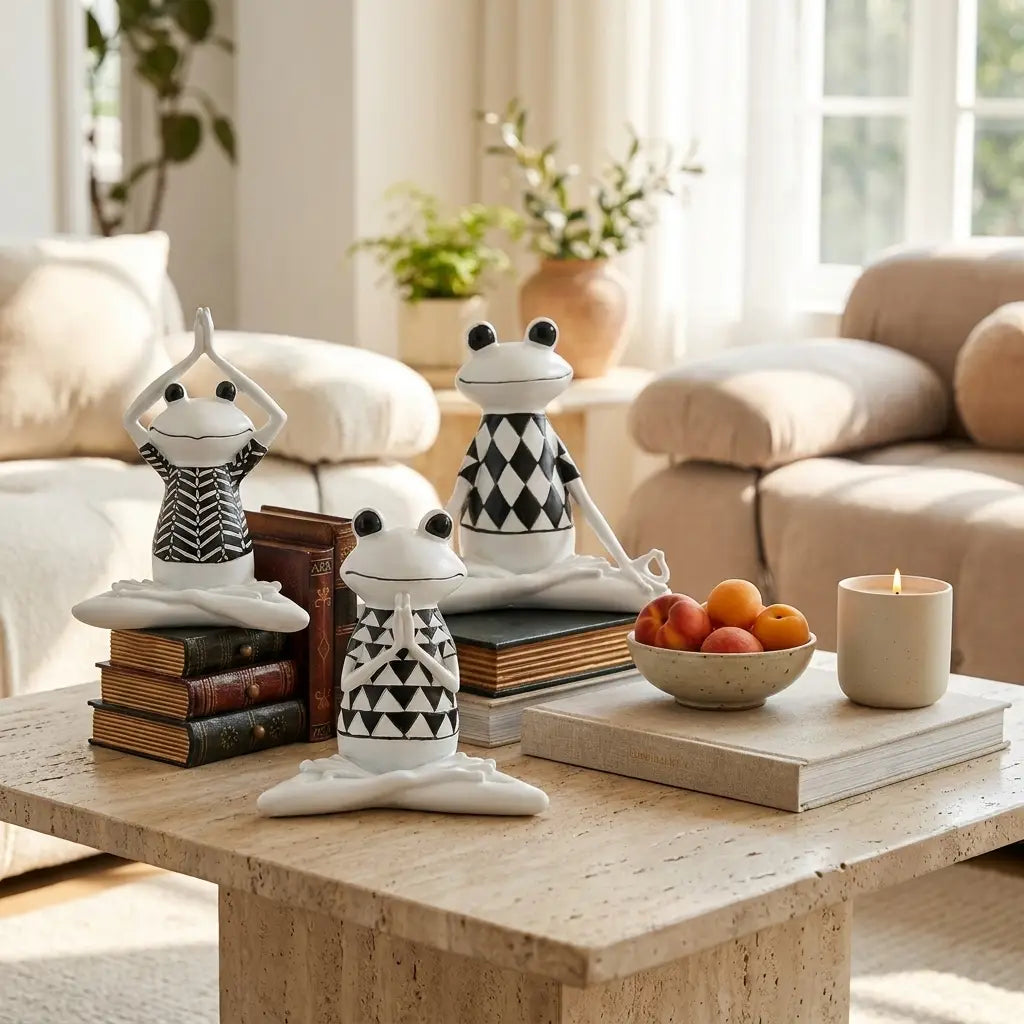 Yoga frog figurine — on travertine coffee table