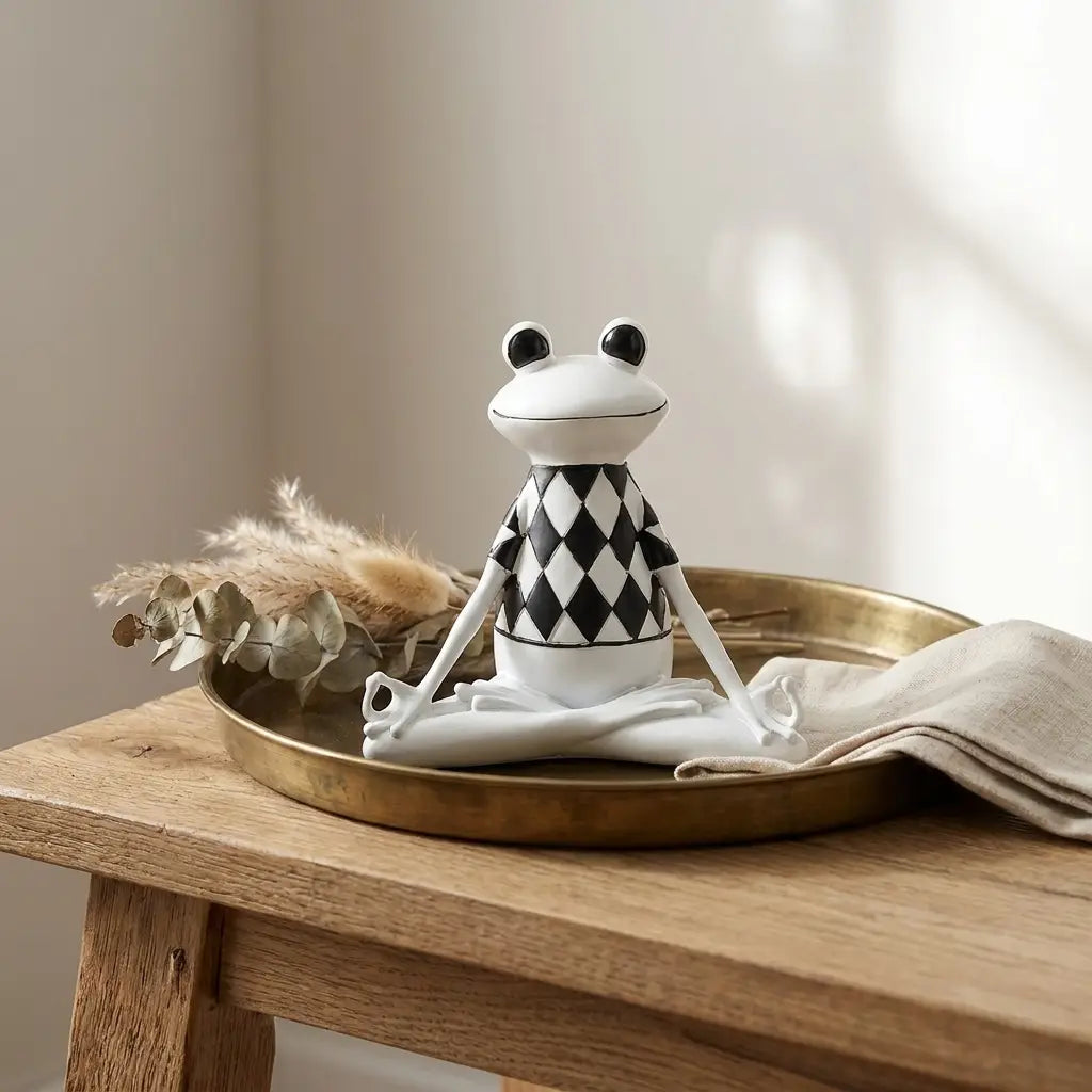 Yoga frog figurine — on oak entryway console