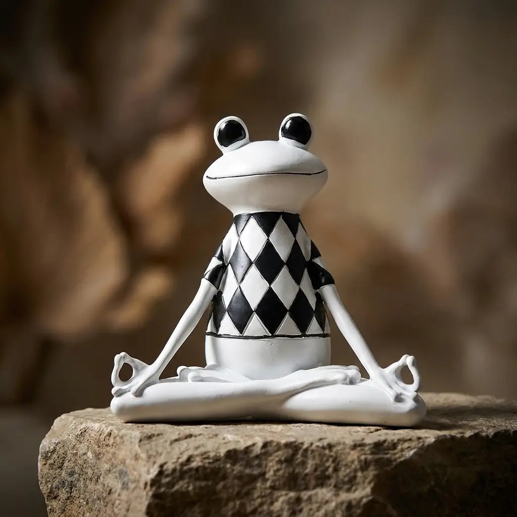 Yoga frog figurine — on plaster fireplace mantel
