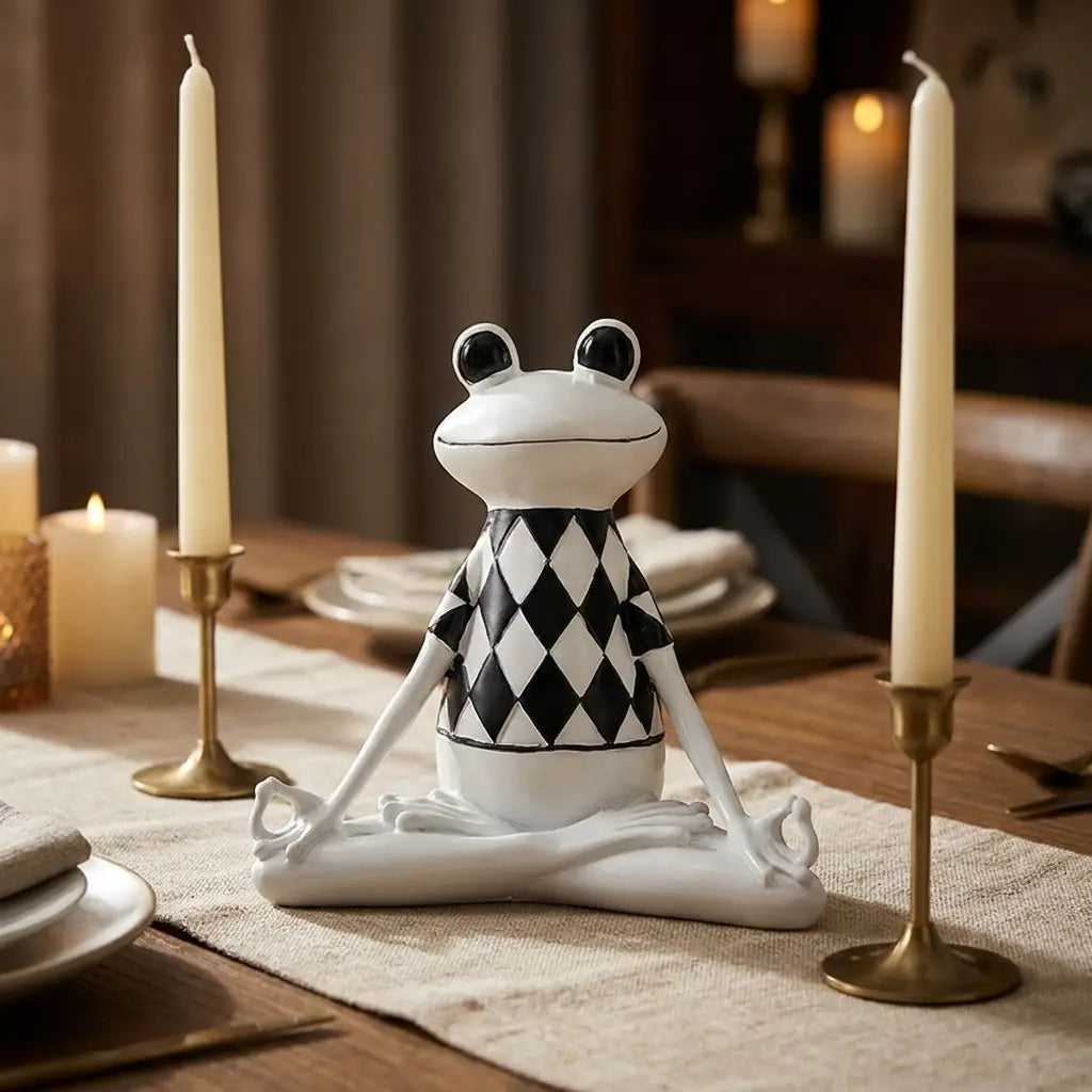 Yoga frog figurine — dramatic low-angle hero shot