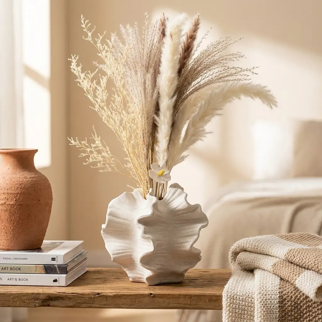 Geometric petal porcelain vase — styled on wooden shelf
