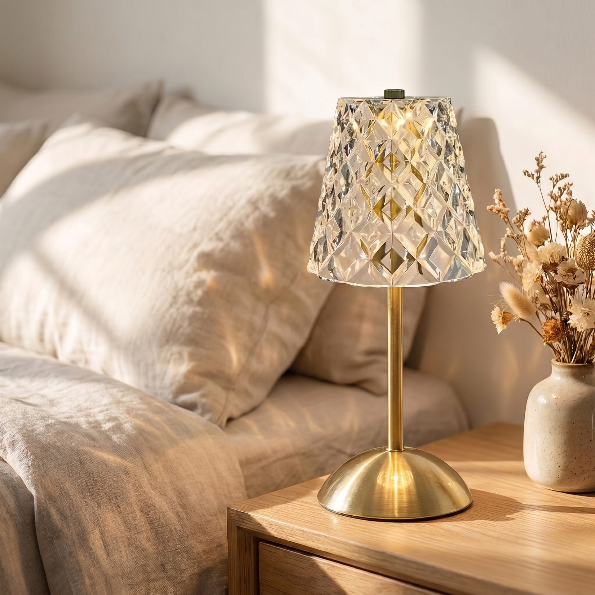 Crystal LED Table Lamp – Touch Sensor Rechargeable Bedside Light