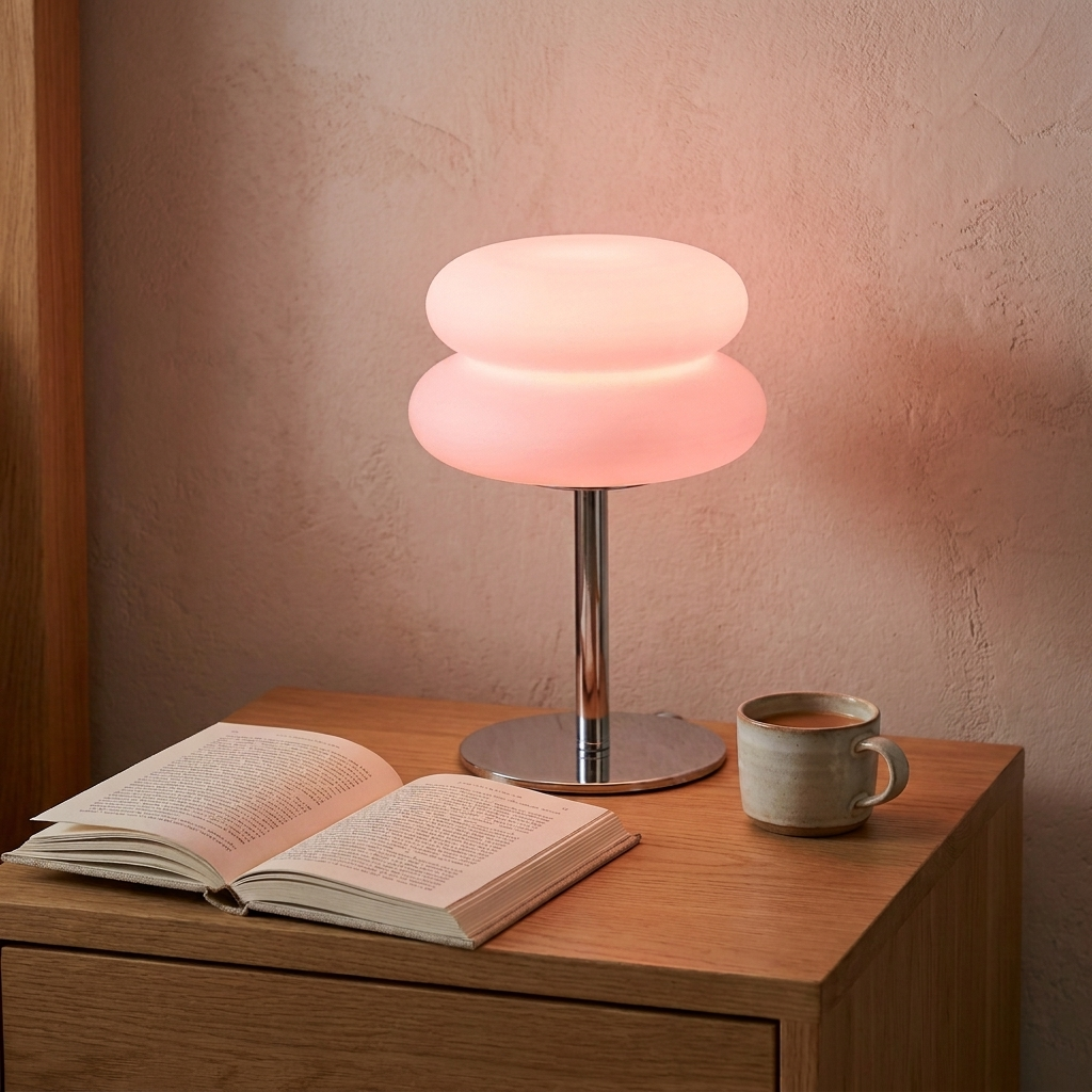 Cream-style bedside table lamp glowing softly on a nightstand