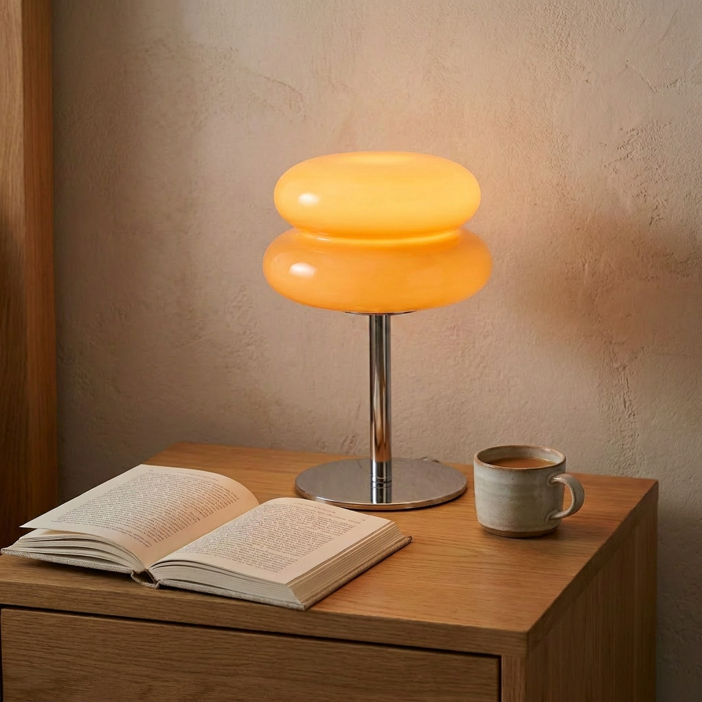 Tri-color dimmable cream bedside lamp lighting a calm bedroom corner