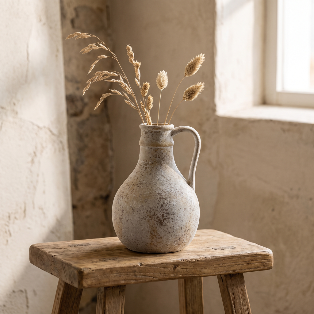Rustic wabi-sabi ceramic vase on a wooden stool
