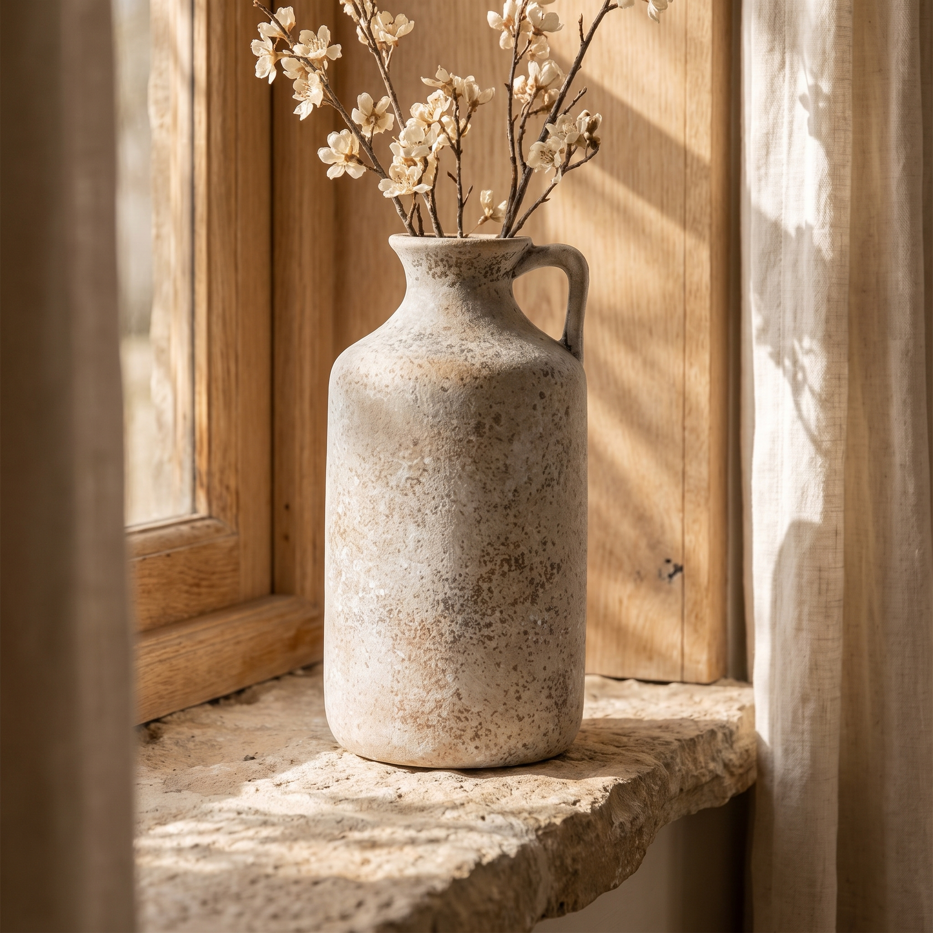 Rustic ceramic bottle vase in a sunlit window nook