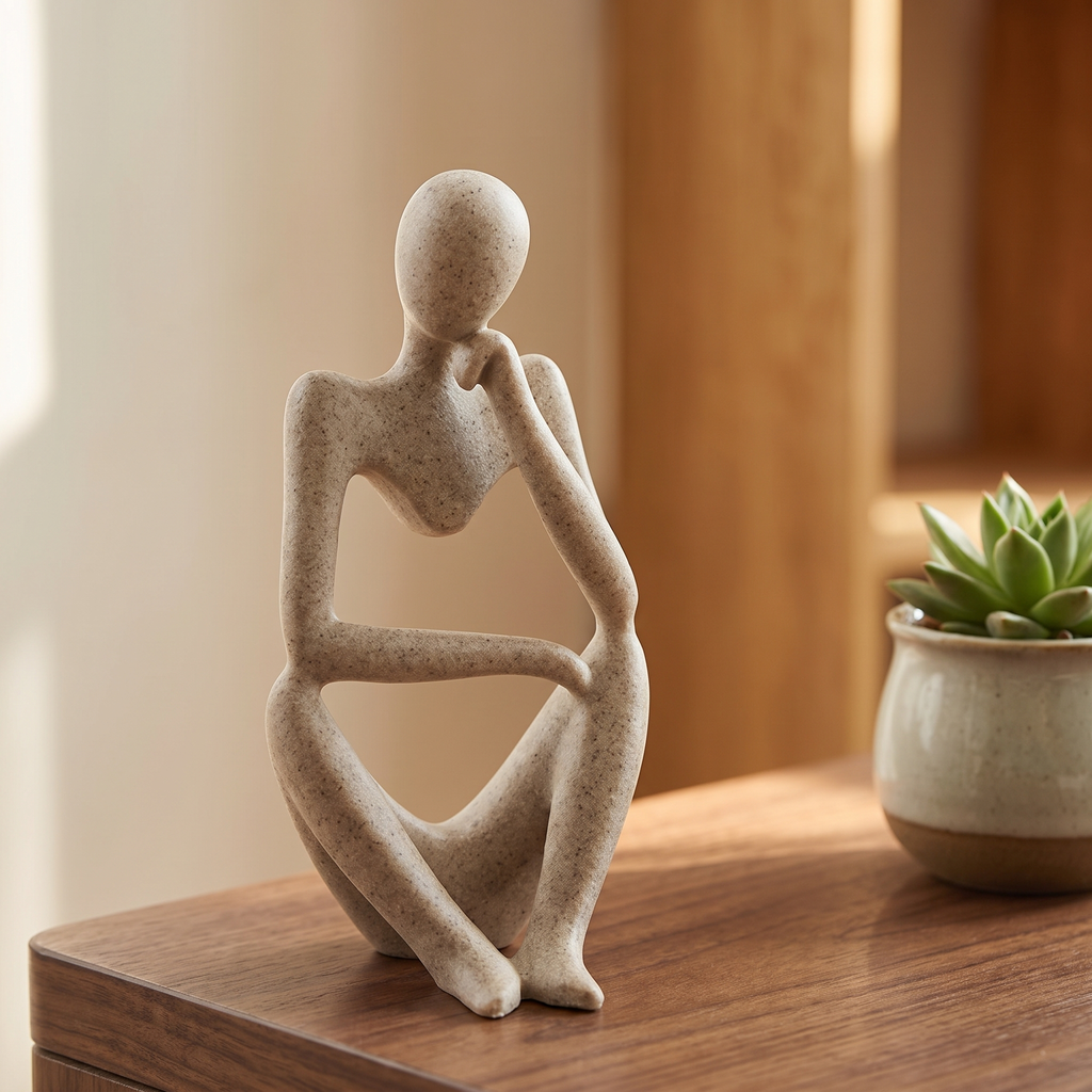 Abstract Thinker sculpture close-up on a desk