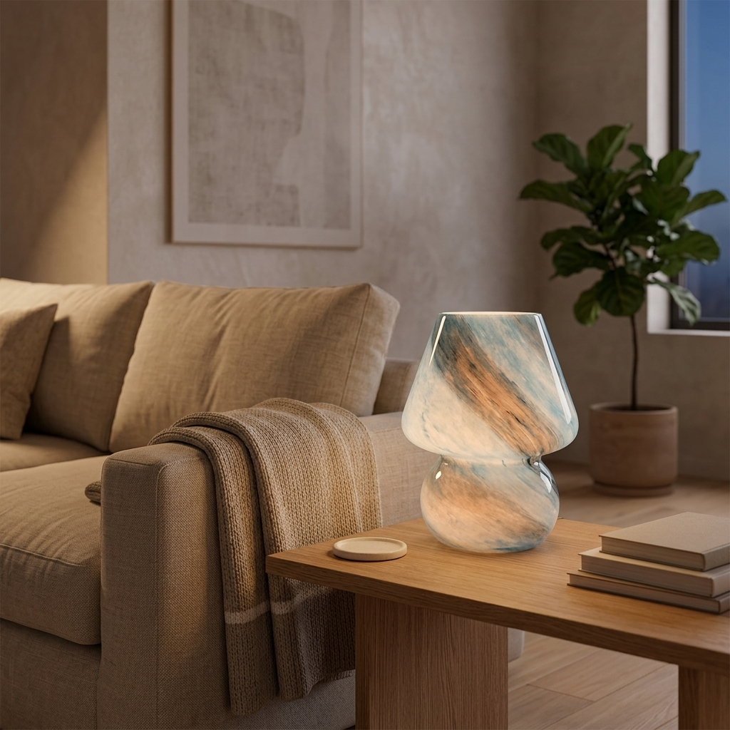 Blue Earth-design glass mushroom lamp on a living room side table