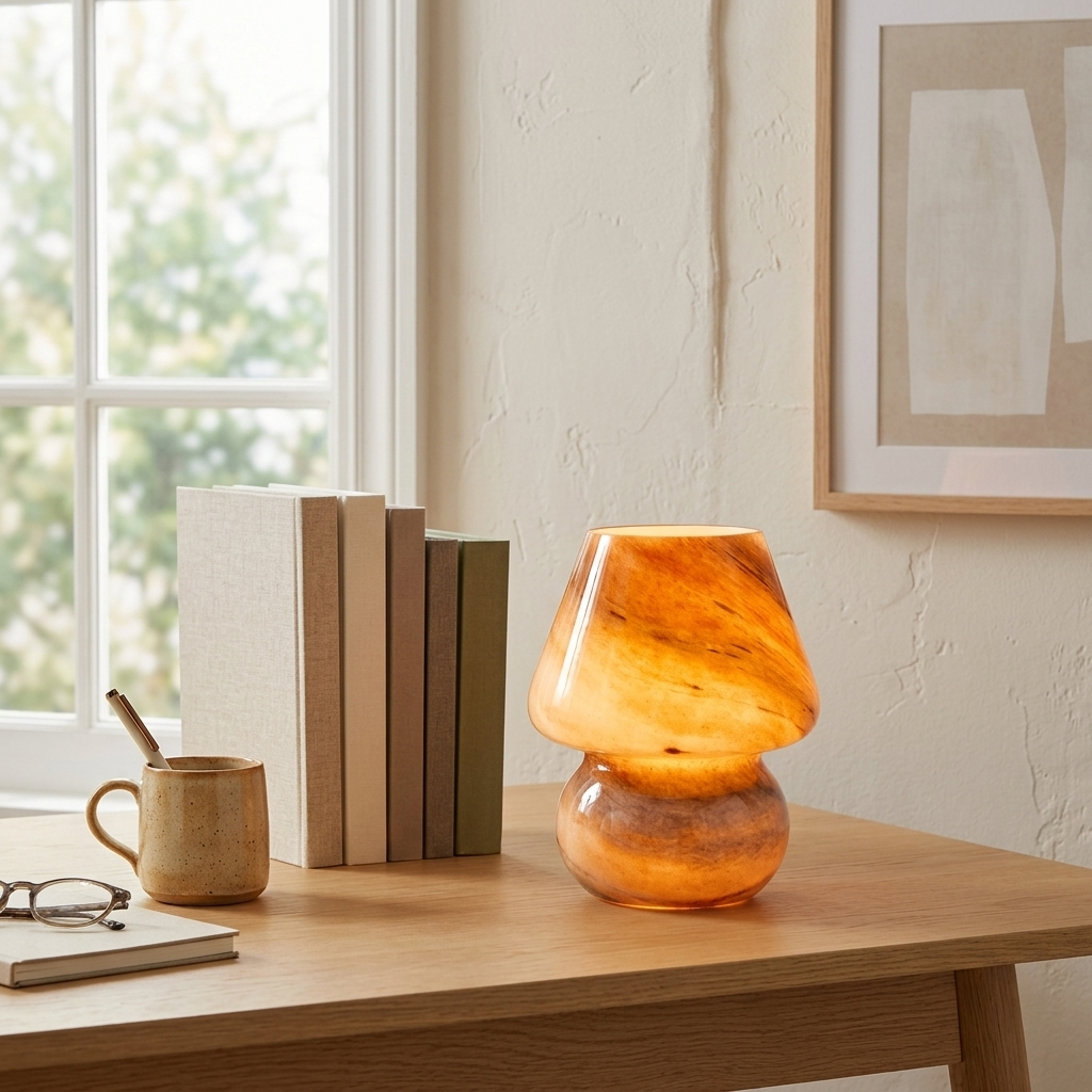 Mars-design amber marbled glass mushroom lamp on a home office desk