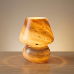 Handmade marbled glass mushroom lamp, Mars design, glowing warmly