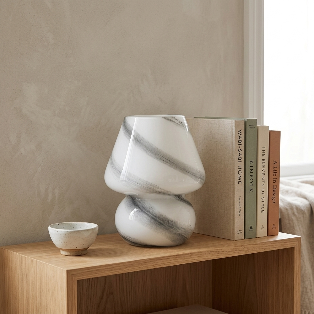 Moon-design white marbled glass mushroom lamp styled on a shelf