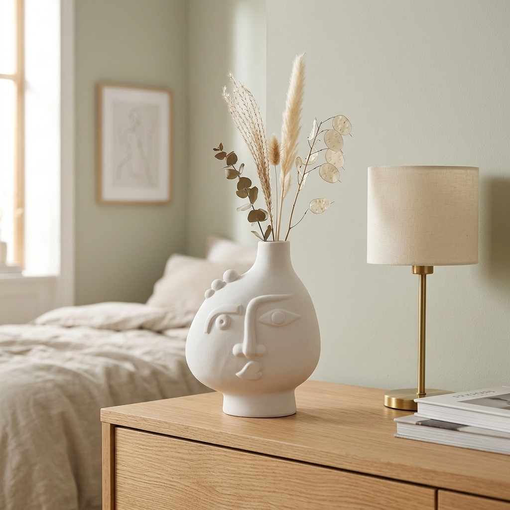 White ceramic face vase with dried stems on a bedroom dresser